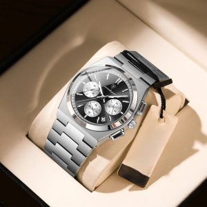 POEDAGAR 970 Elan 40 – мъжки хронограф с panda / reverse panda циферблат и стоманена верижка
