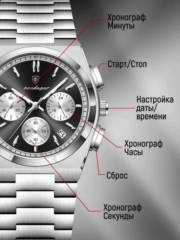 POEDAGAR 970 Elan 40 – мъжки хронограф с panda / reverse panda циферблат и стоманена верижка - Image 3